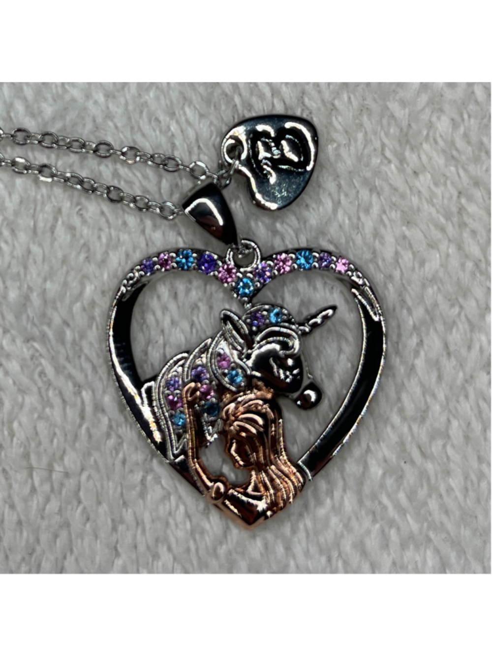 Silver Unicorn Heart Necklace 11” chain B initial